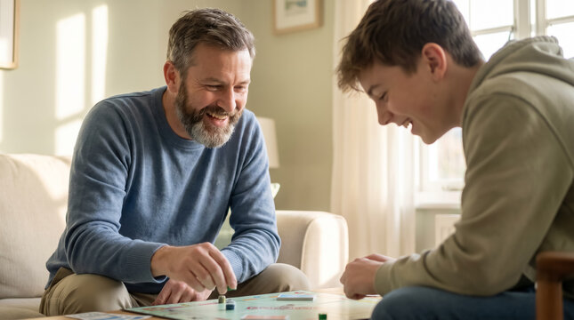 Smiling mature father and teenage son playing indoor board game