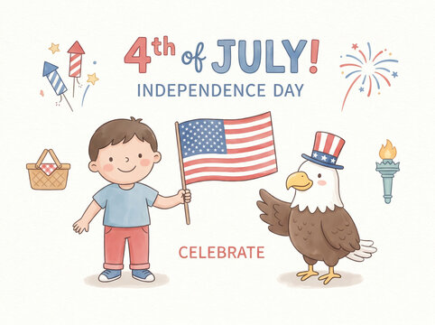 Sweet cartoon boy with flag next to a friendly bald eagle