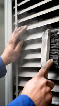 Hand using wire brush to clean metal louver slats.