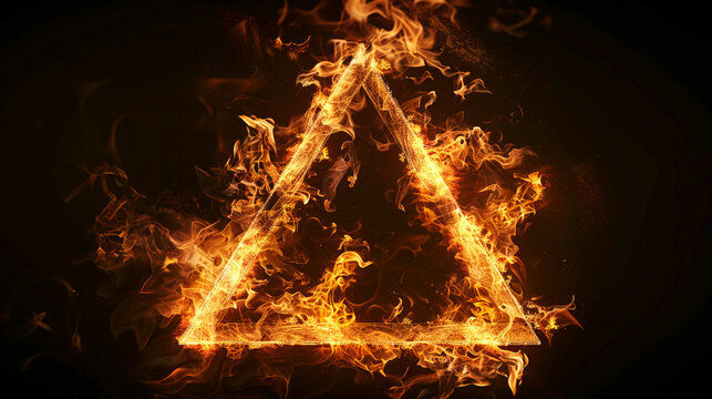 Burning Triangle Fire Symbol Isolated on Black Background with Intense Glow and Smoke