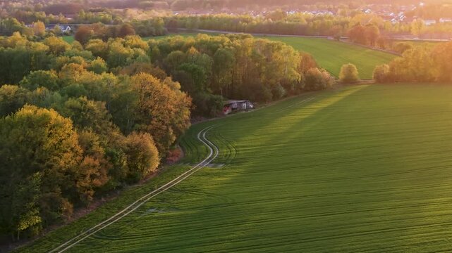 Aerial drone view of old bunker in Knur&oacute;w near forest and green fields