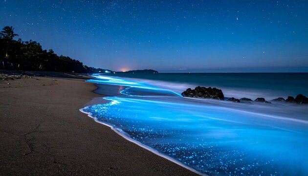 Bioluminescent Waves on a Night Beach under a Starry Sky
