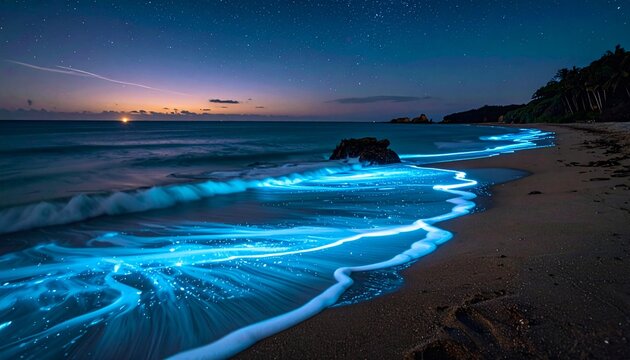 Bioluminescent Waves Lighting the Night Beach under a Starry Sky