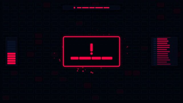 Futuristic digital warning motion graphic with alert icon and data visualization elements for technology and cybersecurity themes.