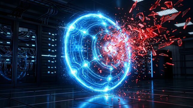 Glowing blue circle explodes with red particles in a dark futuristic server room interior
