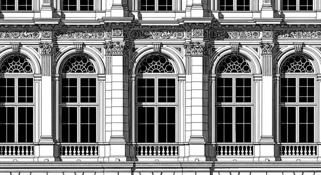 Ornate classical building facade illustration with arched windows and columns