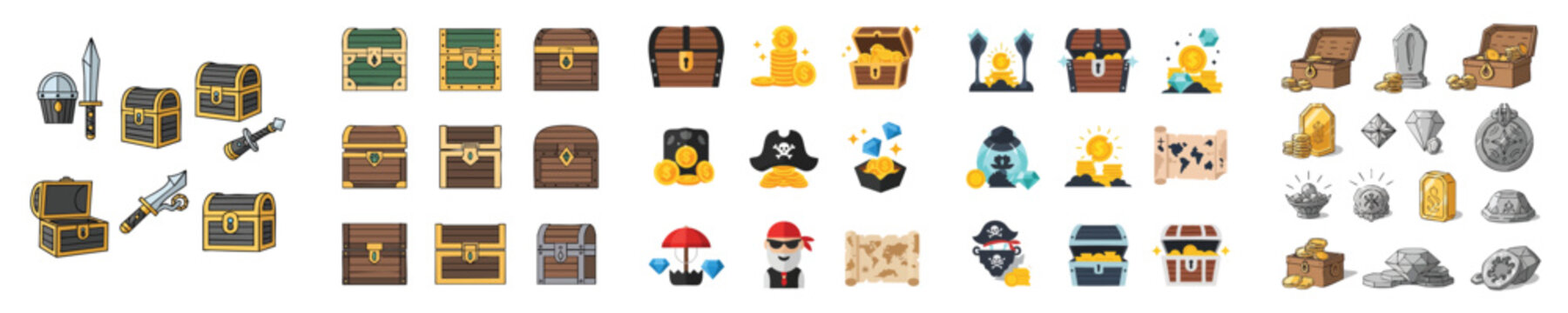 Treasure Chest Adventure Pirate Gold Flat Design Vector Collection