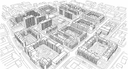 Obraz premium Isometric line drawing of an urban building development plan