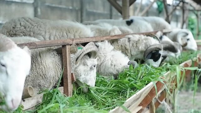 Sheeps with large curved horns eat fresh green grass from wooden troughs in a farm pen. Black and white markings on their faces, showing livestock feeding peacefully in rural agricultural surroundings