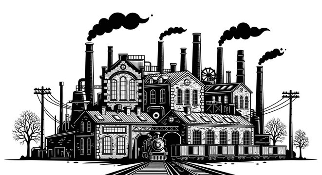 Industrial factory woodcut with steam engine and smoking chimneys