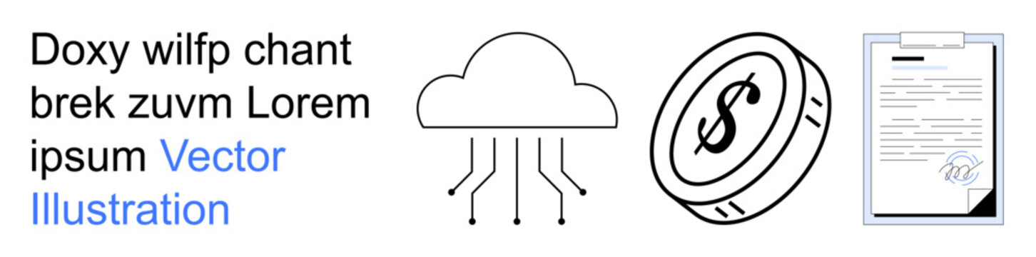 Cloud computing, business finance, contract analysis, technology integration, financial services, digital documentation. Cloud icon, dollar coin document icon are . Cloud computing and business