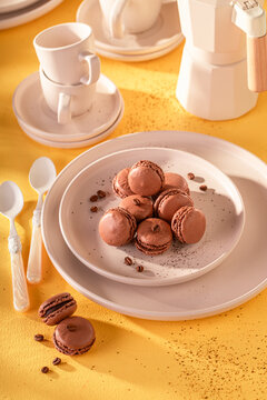 Tasty and fresh coffee macarons made of chocolate and sugar.