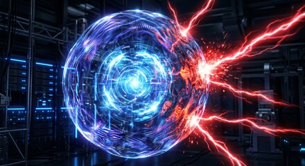 Fototapeta premium Futuristic Energy Sphere with Electric Discharge in Dark Industrial Background