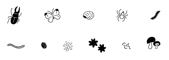 生きものいろいろ_昆虫＆土中の生物_生態系,土中環境,生態系ピラミッド_線画｜insects & soil organisms_ecosystem, soil environment, ecological pyramid_Line Art © andgraph