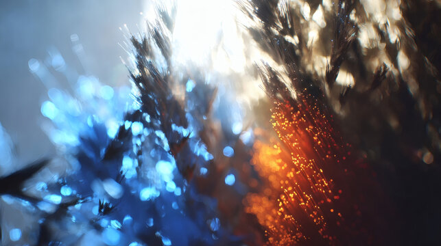 macro cinematic photograph of bundled fiber optic cables glowing in cyan and blue, transmitting data into a digital China flag. The flag glows golden brown and red, framed by soft sunlight and 