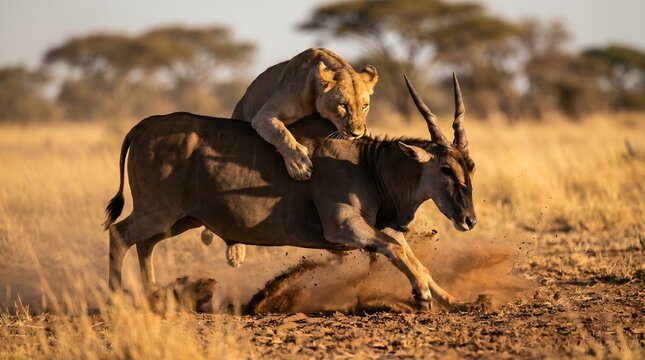 lioness attacking an eland in the african savanna
