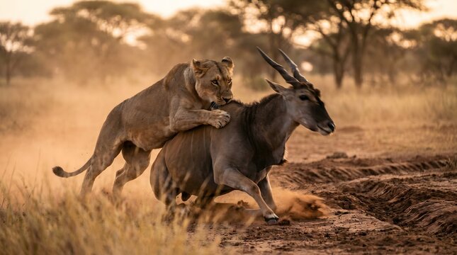 lioness attacking an eland in the african savanna 03