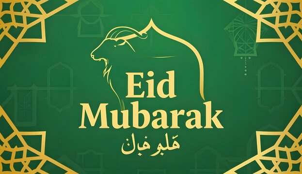 Golden goat line art for eid mubarak celebration on green.