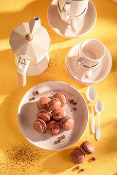 Creamy and homemade coffee macarons as summer small snack.