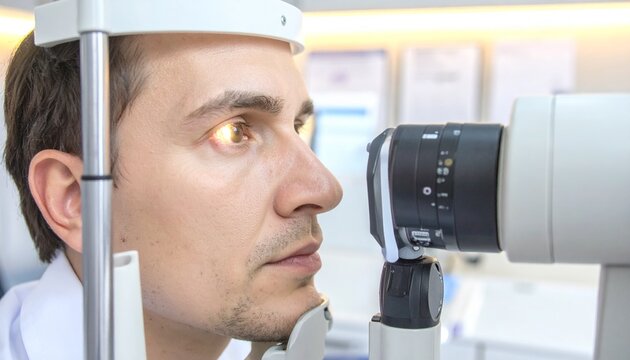 A man undergoes an eye examination with a medical device in a clinic.