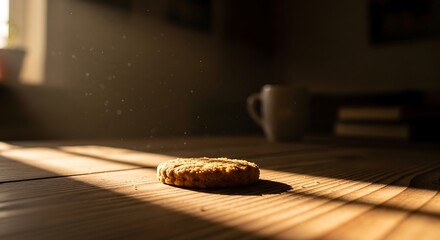 Obraz premium Single round biscuit on rustic wood table under a warm sunbeam