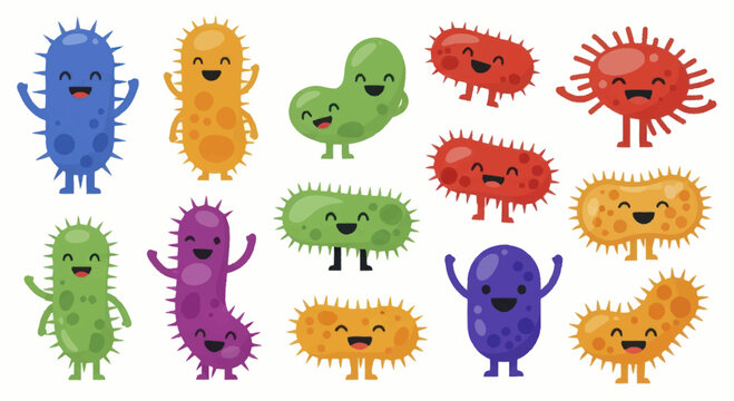 Collection of colorful cartoon bacteria and virus characters with happy faces.