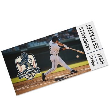 Baseball player hitting a ball on a vintage stadium ticket