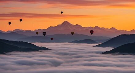 Fototapeta premium Sunrise Hot Air Balloons Over Misty Mountain Peaks.