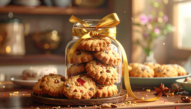 Homemade cookies with golden ribbon