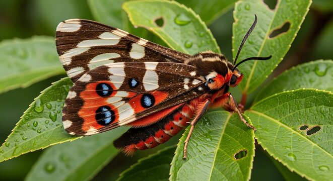 Vibrant tiger moth resting on a wet green leaf in nature