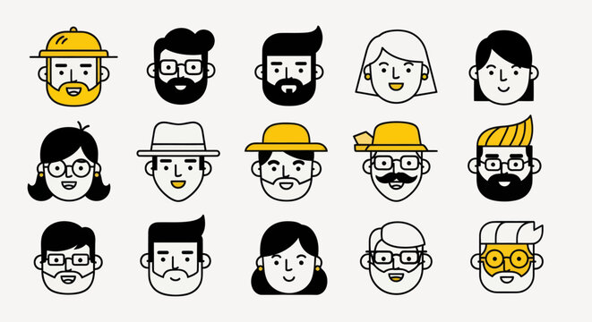Diverse illustrated faces set