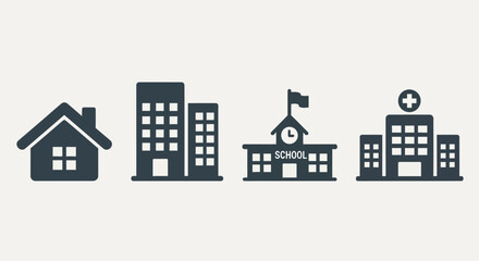 Naklejka premium Collection of diverse building icons representing different institutions.
