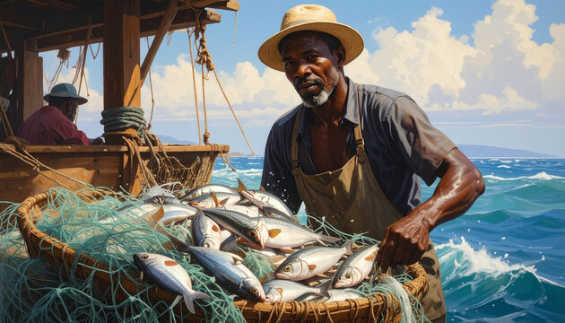 African fisherman with ocean catch