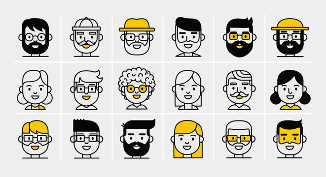 Diverse illustrated faces set