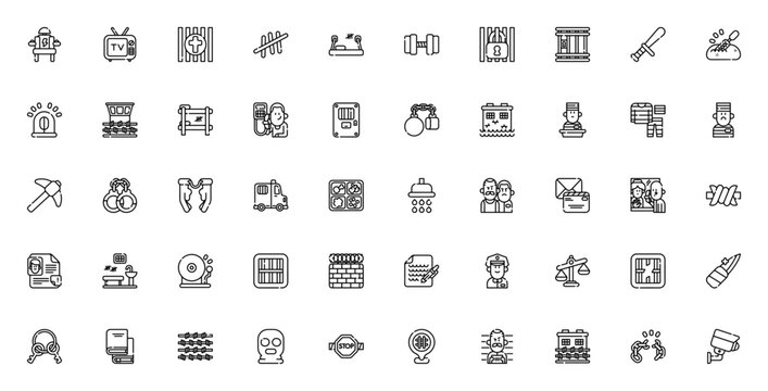 Prison icon set. Minimal thin line web icons set. Vector illustration. Featuring electric chair, handcuffs, barbed wire, justice, keys, CCTV, tv and more.