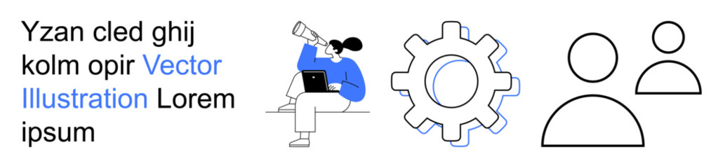 Obraz na płótnie Canvas Teamwork, innovation, collaboration, technology development, human resources, leadership. Person working on a laptop with gears and people icons. Teamwork and innovation