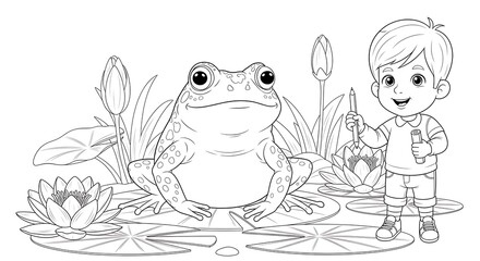 Naklejka premium Little boy drawing a large friendly frog on water lily pads