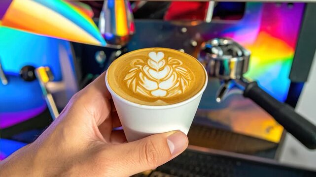 Hand holding a paper cup of coffee with detailed latte art design