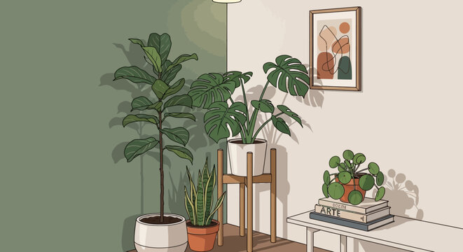 Minimalist illustration of potted houseplants in a modern room