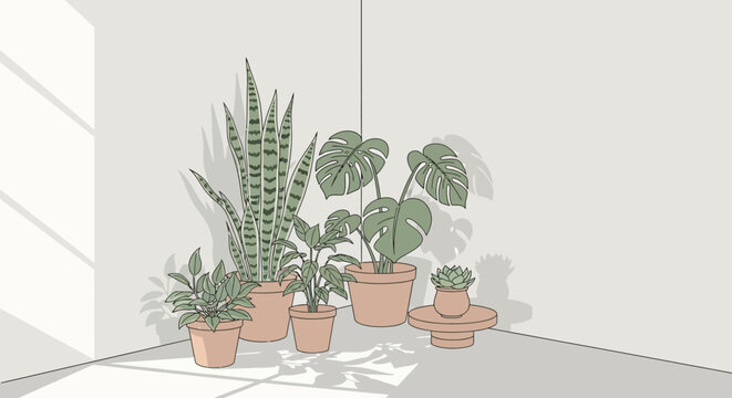 Minimalist houseplant illustration in a sunny room corner