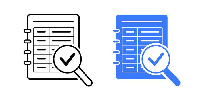 Automated auditor icon. Magnifying glass over ledger page with checkmark spark. Financial review workflow concept. Compliance technology graphic. Minimal flat design element.