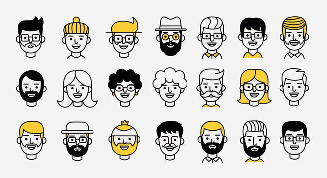 Diverse illustrated faces set