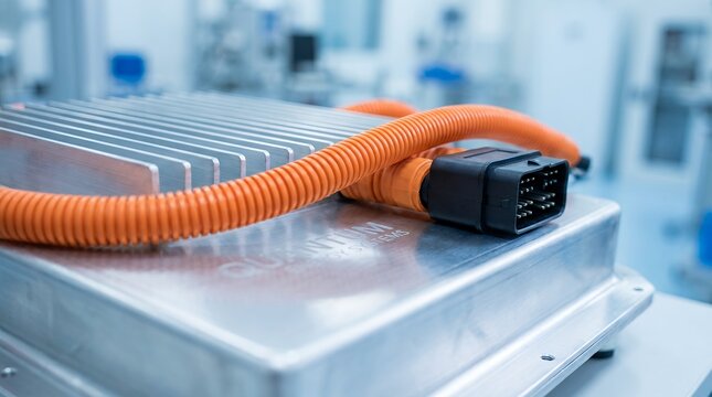 Close up of an electric vehicle battery management system with an orange protective conduit and electrical connector Close up of an electric vehicle battery management system with an orange