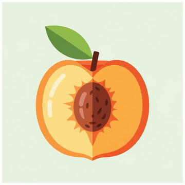 Peach Fruit Cut Open with Pit and Leaf.