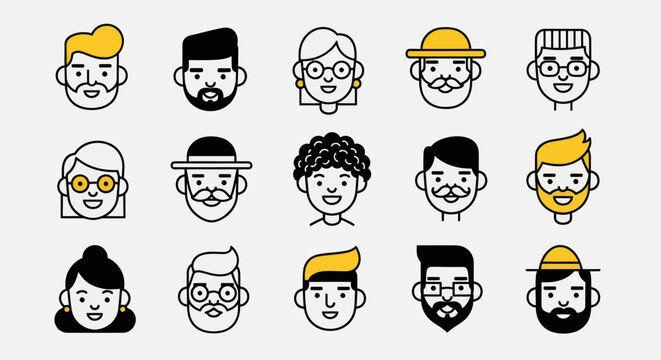 Diverse illustrated faces set