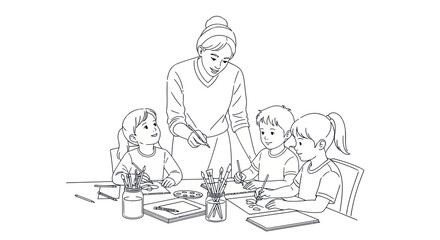 Obraz premium Teacher guiding children in art class, drawing and painting lesson, creativity and education
