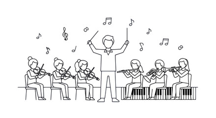 Orchestra conductor leading young musicians playing violins and flutes, sheet music notes flying © Farah