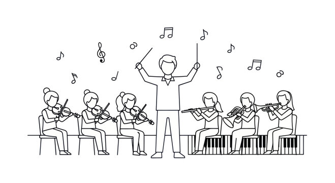 Orchestra conductor leading young musicians playing violins and flutes, sheet music notes flying