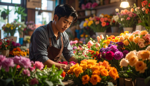 Asian male florist arranging flowers