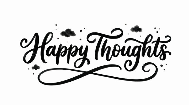 Happy Thoughts handwritten calligraphy with clouds and dots on white background